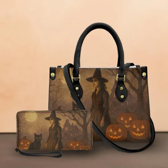 Discover Vintage Witch Pumpkin Halloween Handbag, Gothic Kitten Witch Tote Bag for