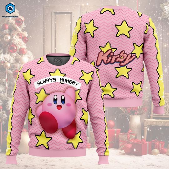 Discover Always Hungry Kirby Ugly Christmas Sweater, Kirby Christmas Sweater, Kirby Video Game Ugly Christmas Sweater, Pink Kirby Sweater