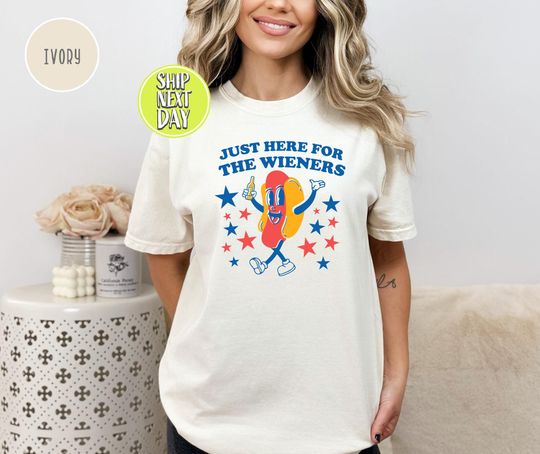 Discover Just Here For The Wieners Independence Day Tshirt, Retro Hot Dog BBQ Shirt, Funny Red White Blue T Shirts, Sarcasm Shirts For Women - JUL082