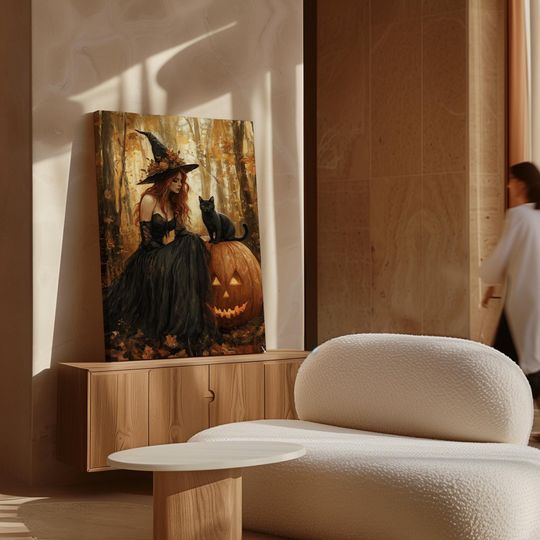 Enchanting Halloween Witch  Wall Art - Autumn Forest Scene with Black Cat and Jack-O'-Lantern, Spooky Seasonal Decor