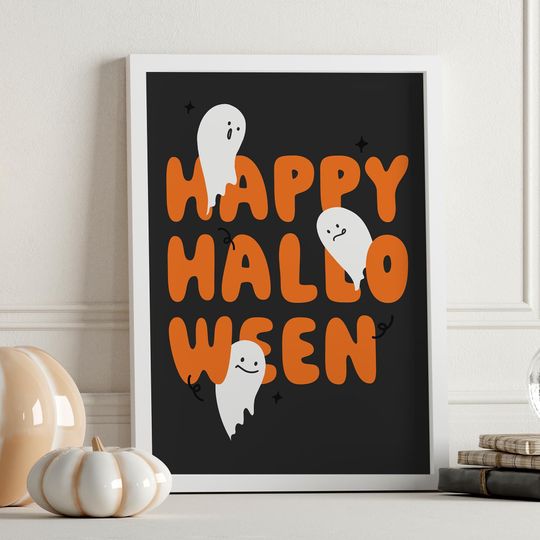 Happy Halloween Poster: Orange Ghost Playful  Wall Art