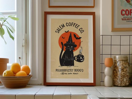 Discover Retro Halloween Coffee Print Halloween Art Cat Poster Fall Kitchen Wall Art Halloween Gift for Home Decor Fall Kitchen Decor