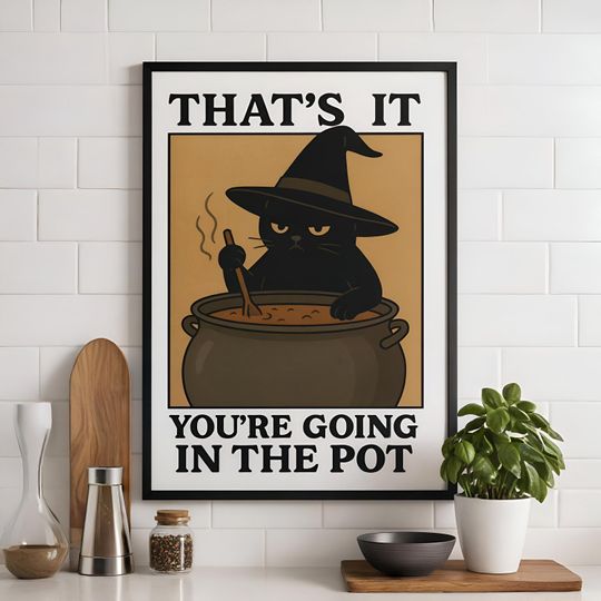Discover Witch Cat Halloween Poster: Funny Black Cat Cauldron Art