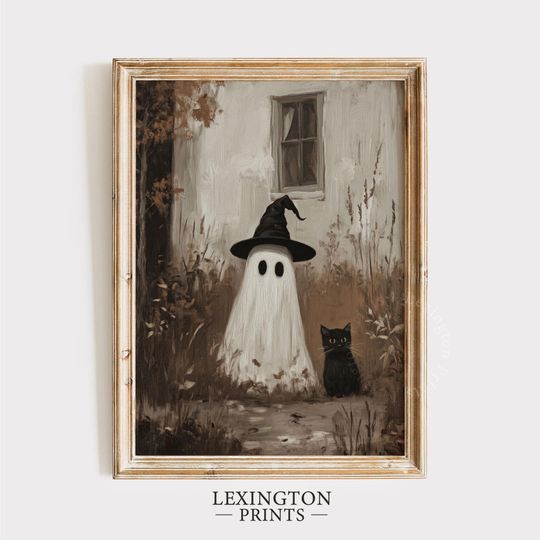 Cute Ghost Witch Print, Halloween PRINTABLE Wall Art, Cute Ghost Poster, Black Cat Lover Gift, Vintage Halloween Home Decor Fall Print 1275