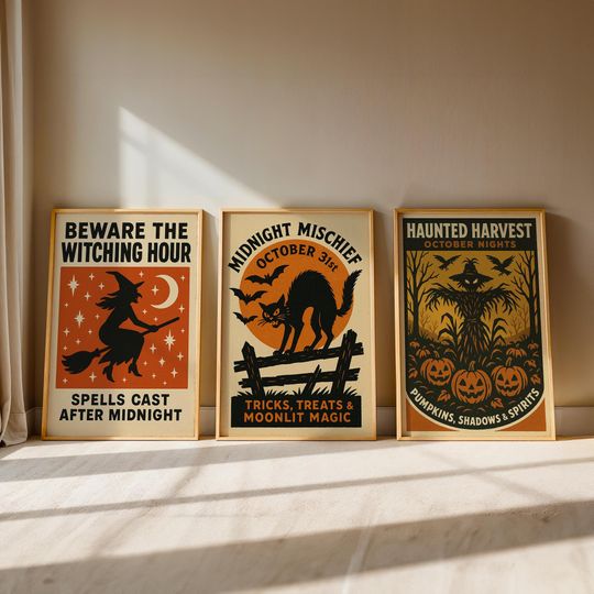 Discover Set of 3 Vintage Halloween Posters  Witch Cat Pumpkin Wall Art Prints, Retro Spooky Decor