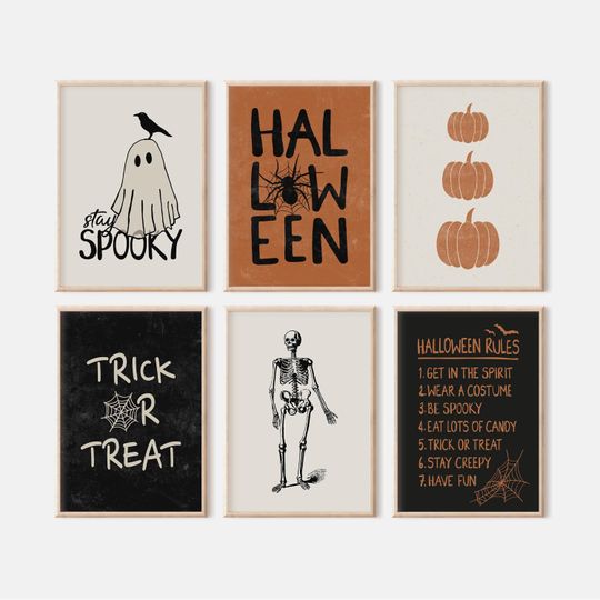 Preppy Retro Spooky Wall Set of, Funny Halloween Cute Ghost and Skaleton Posters with Pumpkin Prints, Spooky Halloween Gallery Wall Art