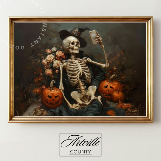 Discover Funny Skeleton Art Print, Moody Halloween Wall Art, Whimsigoth Pumpkin Poster, Dark Skull Painting, Spooky October Decor