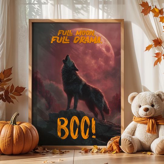 Discover Howling Wolf Halloween Poster  Dramatic Full Moon BOO Wall Art for Spooky Season