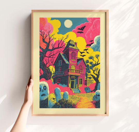 Haunted House Art Print - Colourful Halloween Poster,  Print, Retro Spooky Wall Art for Gothic Home & Graveyard Poster