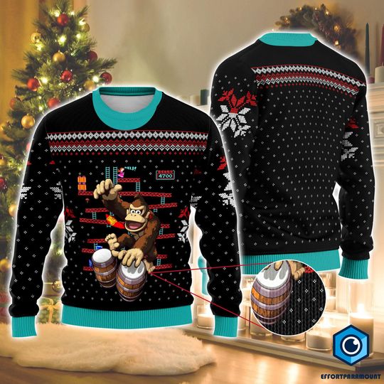 Donkey Kong Ugly Christmas Sweatshirt | Donkey Kong Super Mario Ugly Sweater | Mario Bros Video Game Ugly Xmas Sweatshirt