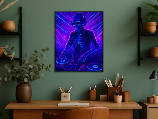 Discover DJ Skeleton Halloween Poster: Neon Nightclub Art