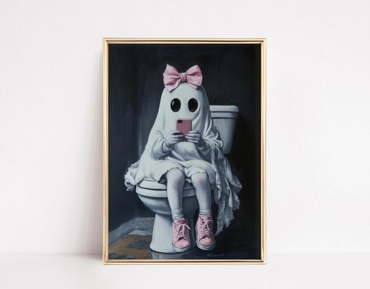 Discover Cute Ghost on Toilet Poster, Funny Bathroom Halloween Decor, Humorous Bathroom Print, Girly Ghost with Pink Bow, Restroom