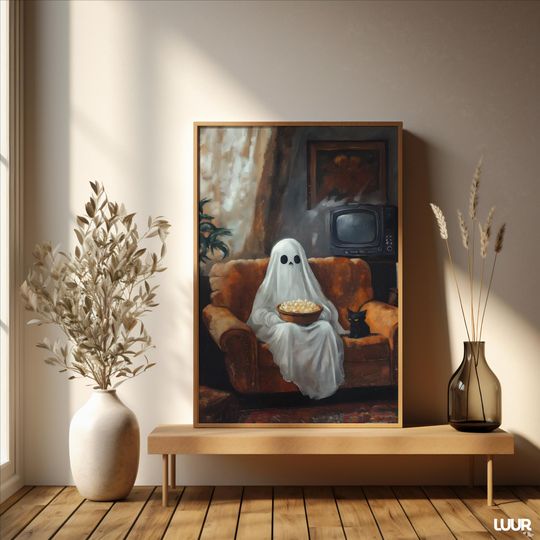 Halloween Wall Art, Funny Ghost and Black Cat Vintage Poster, Cute Retro Printable  Art for Cozy Spooky Home Decor