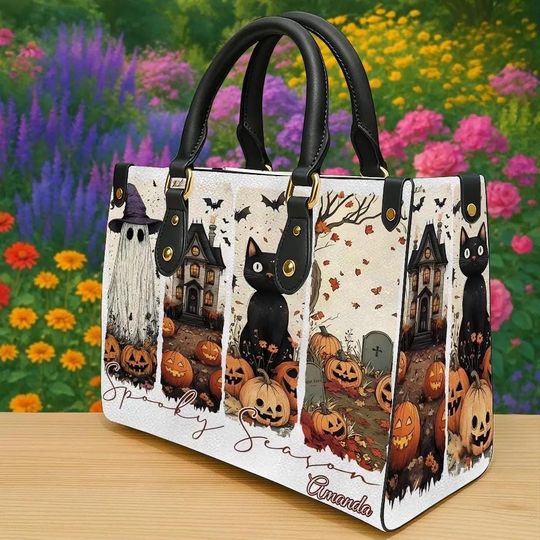 Personalized Halloween Black Cat Tote Bag, Custom Name Haunted House Handbag, Gothic Pumpkin Bag, Spooky Leather Bag Gift for Her