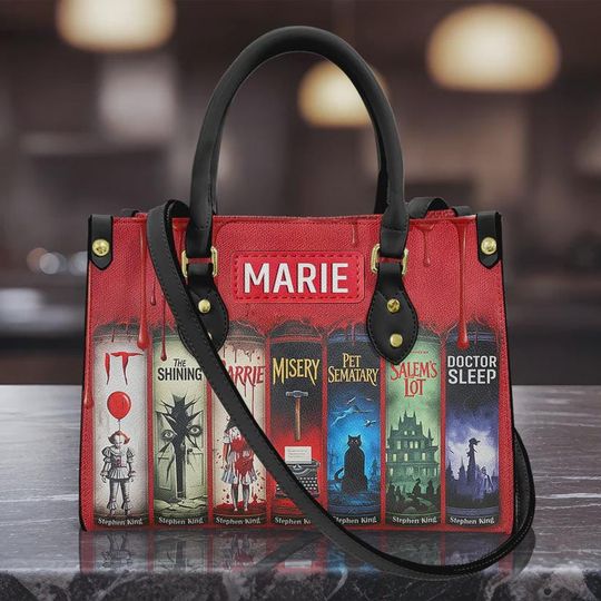 Discover Custom Stephen King Handbag  Personalized Name Horror Book Tote, Gothic Leather Bag, Halloween Spooky Bag, Unique Gift for Book Lovers