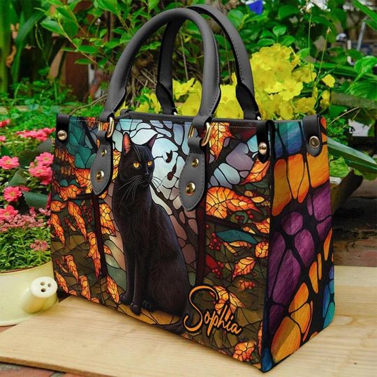 Discover Personalized Black Cat Leather Handbag, Boho Tote Bag, Cute Cat Shoulder Bag, Unique Leather Bag for Women