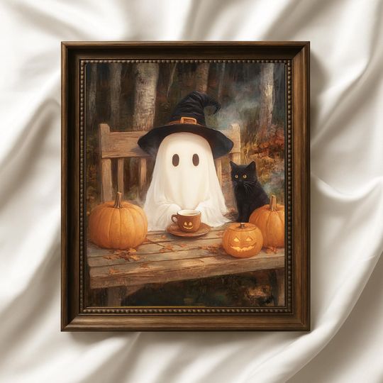 Discover Witch Ghost with Black Cat Halloween Print, Spooky Pumpkin Coffee Artwork, Cozy Autumn Wall Decor, Cute Ghost Fall Printable Poster