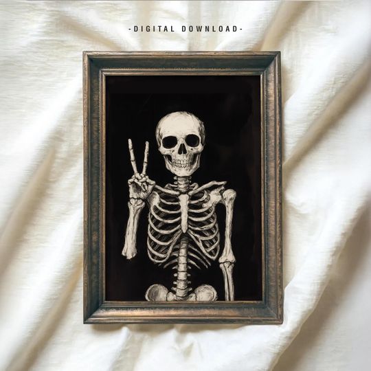 Skeleton Print, Spooky Halloween Decor, Halloween Poster, Skeleton Peace Sign, Halloween  Wall Art