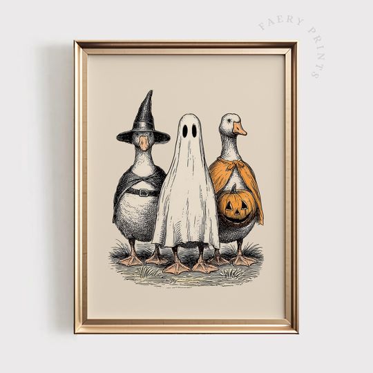 Discover Halloween Goose Wall Art | Funny Ghost Witch Pumpkin Printable | Farmhouse Spooky Fall Decor | Quirky Animal