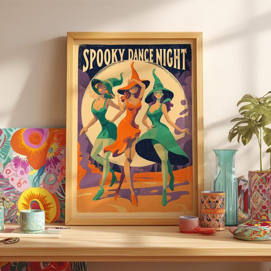 Discover Witchy Halloween Poster: Spooky Dance Night Retro Wall Art