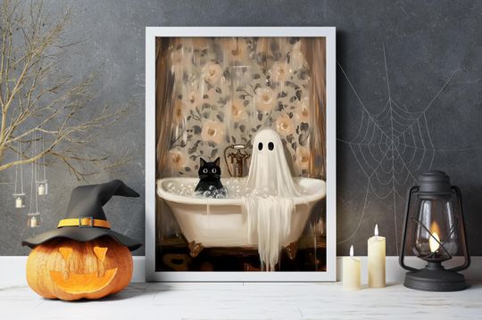 Discover The Ghost  Cat Poster, Halloween Poster, Bahtroom Wall Art, Halloween Wall Art, Halloween print, Halloween Gift, Cute Black Cat Poster,
