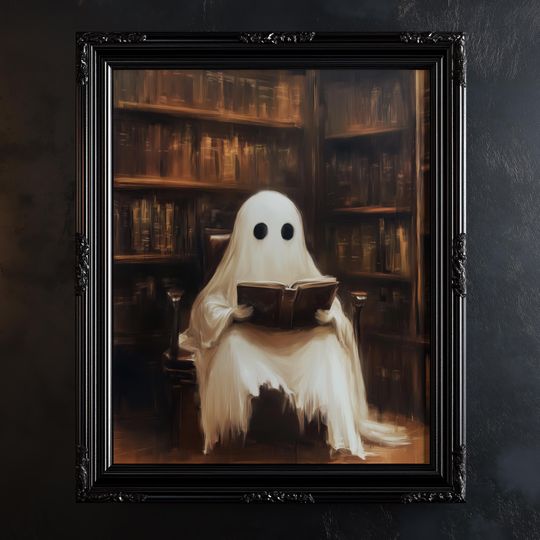 Discover Ghost Reading in the Library Print, Printable Vintage Halloween Wall Art, Spooky Ghost Painting, Dark Academia Room Decor