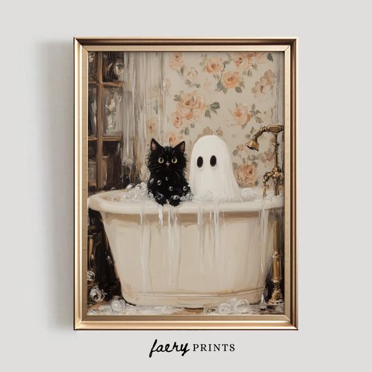 Discover Ghost and Cat in Bathtub Print | Halloween PRINTABLE Wall Art | Cute Halloween Bathroom Decor | Bubble Bath Art