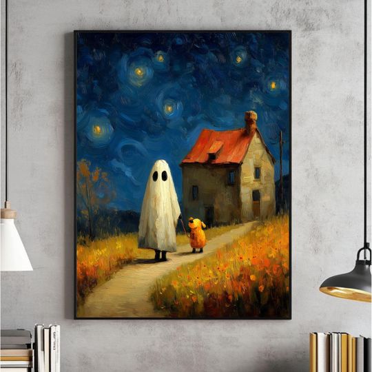 Discover Halloween Ghost and Dog Wall Art, Whimsical Fall Decor Print, Pet Lover Halloween Poster