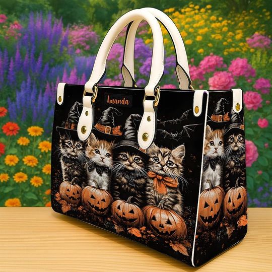 Discover Cute Kitten Pumpkin Handbag, Witch Cat Halloween Bag, Spooky Gothic Tote, Gift For Her