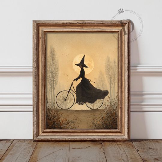 Discover Witch on Bicycle Printable Wall Art, Vintage Halloween Silhouette Print