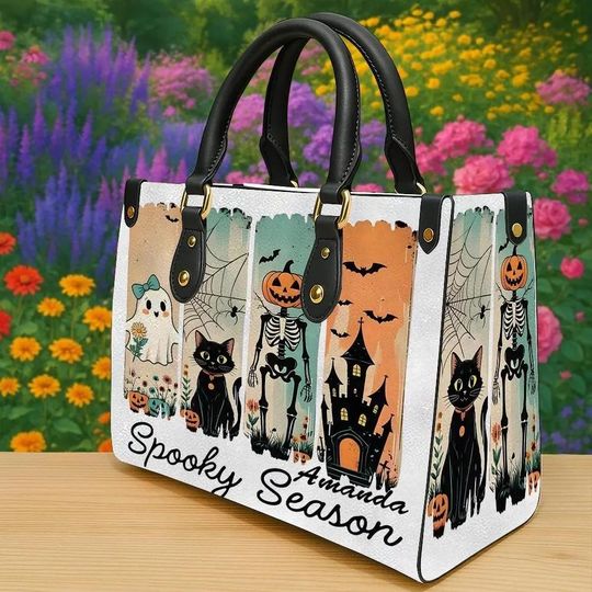 Halloween Black Cat Handbag, Haunted House Pumpkin Bag, Spooky Leather Bag, Halloween Gift