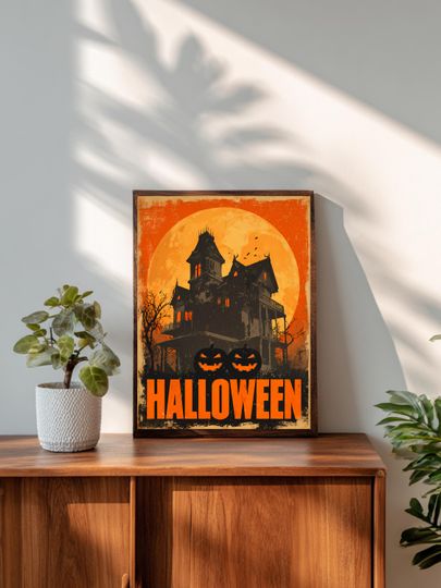 Retro Halloween Poster  Spooky Pumpkin Wall Art, Creepy Halloween Wall Decor