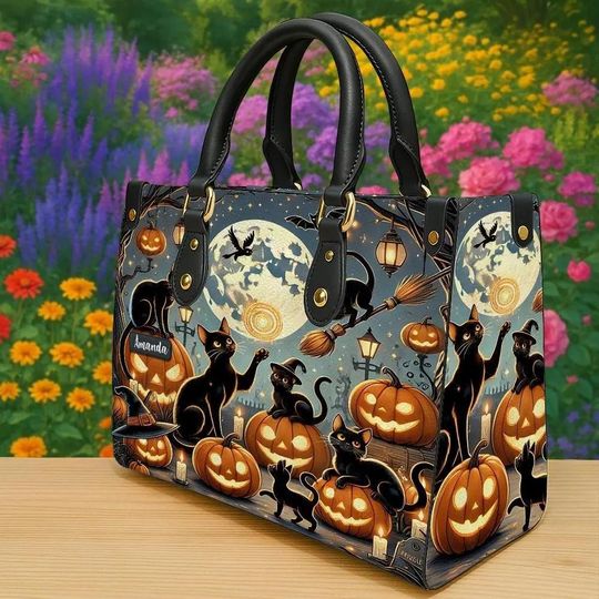 Discover Black Cat Moon Witch Handbag, Halloween Pumpkin Cat Witch Handbag, Spooky Fall Bag, Black Cat And Moon Halloween