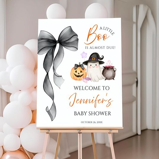 Discover A Little Boo Baby Shower Welcome Sign Coquette Bow Halloween Poster Spooky Cute Printable Canva Template