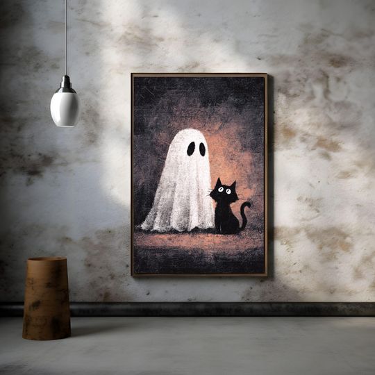 Discover Halloween Ghost and Black Cat Poster Spooky Cute Wall Art Vintage Haunted Illustration Creepy Cute Halloween Poster Halloween Poster