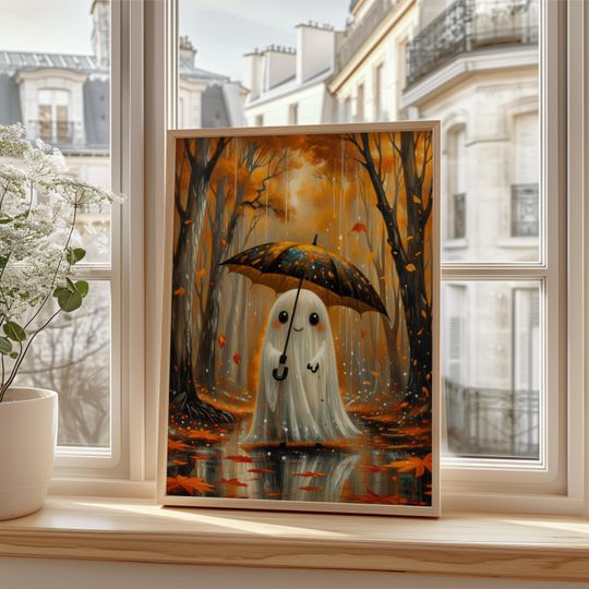 Discover Cute Ghost Halloween Poster, Fall Decor Print, Halloween Wall Art Print, Spooky Ghost Artwork, Premium poster, Canvas Poster, Halloween Gift