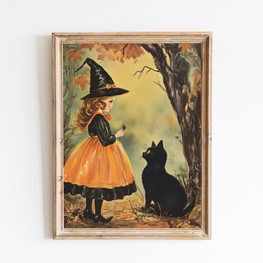 Discover Vintage Witch Poster- Cute Halloween Decor, Black Cat Wall Art, Little Witch