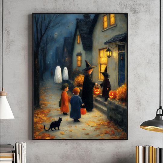 Vintage Halloween Wall Art, Cute Ghosts And Witch Print, Spooky Halloween Fall Painting Poster, Halloween for Kids Room