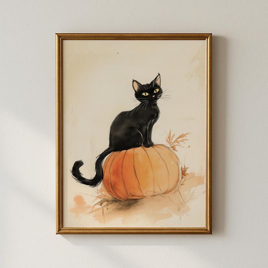 Discover Halloween Black Cat And Pumpkin Print, Holiday Wall Art, Living Room Decor, Collected Prints - CPP597