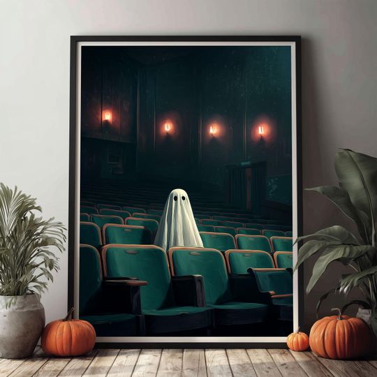 Lonely Ghost at Cinema Vertical Poster, Spooky Halloween Wall Art