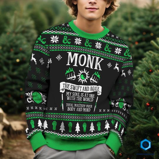 Dungeon Monk Ugly Christmas Sweater | Dungeons And Dragons Christmas Sweatshirt | Dnd Dungeons Master Xmas Sweatshirt | Xmas Gift