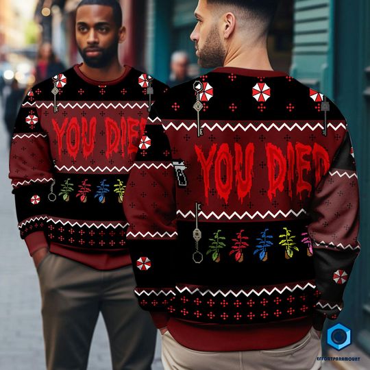 Resident Evil Ugly Christmas Sweater | Resident Evil You Died Ugly Sweater | Resident Evil Video Game Sweater | Christmas Gift for Gamer