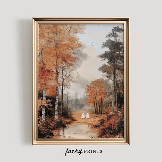 Discover Ghosts in a Fall Landscape Print | Halloween PRINTABLE Wall Art | Cute Ghost Decor | Vintage Style Autumn Print | Digital Download | #1041