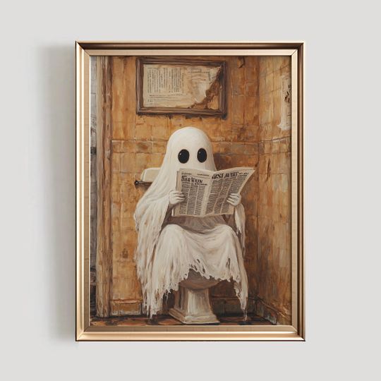 Discover Ghost on Toilet Print | Funny Halloween Bathroom Decor | Halloween PRINTABLE Wall Art | Cute Ghost Poster | Ghost Digital Download | #995