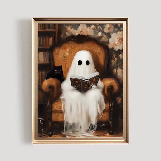 Discover Library Ghost Print Halloween Wall Art Spooky Dark Academia Poster