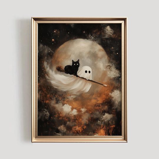 Discover Ghost and Black Cat Halloween Poster, Spooky and Cute Decor, Trendy Broomstick Illustration