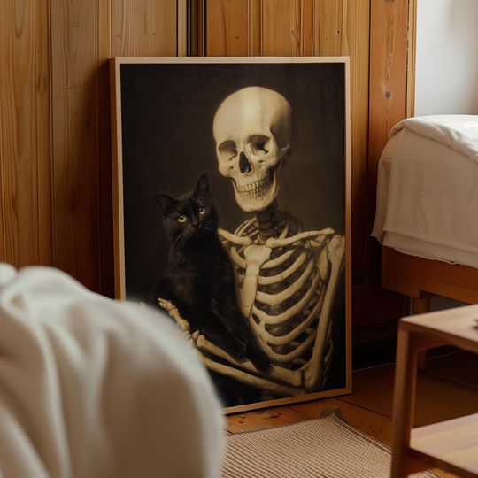 Discover Skeleton with Black Cat Print, Vintage Funny Halloween Poster, PRINTED AND SHIPPED