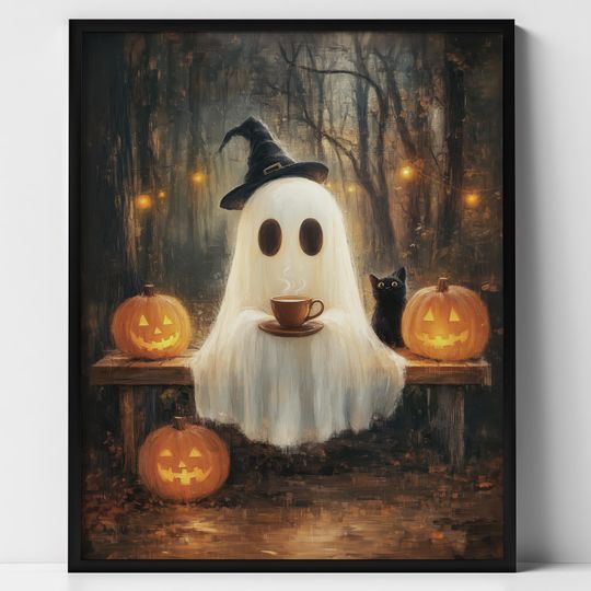 Discover Premium Matte Vertical Poster - Cute Ghost with Coffee and Black Cat in Forest