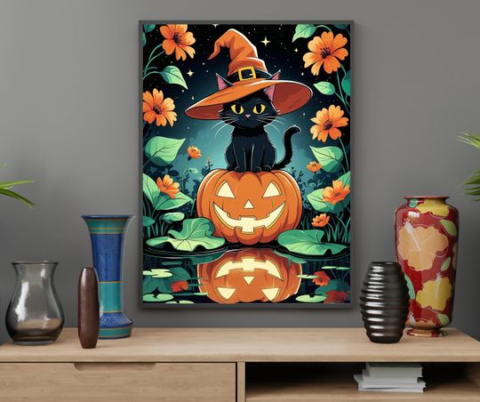 Discover Witch Cat Halloween Poster, Cute Halloween Cat Illustration, Halloween Nursery Wall Decor, Halloween Wall Art