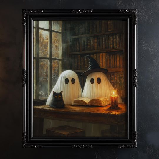 Discover Ghost Reading in the Library Print, Printable Vintage Halloween Wall Art, Spooky Ghost Painting, Dark Academia Room Decor